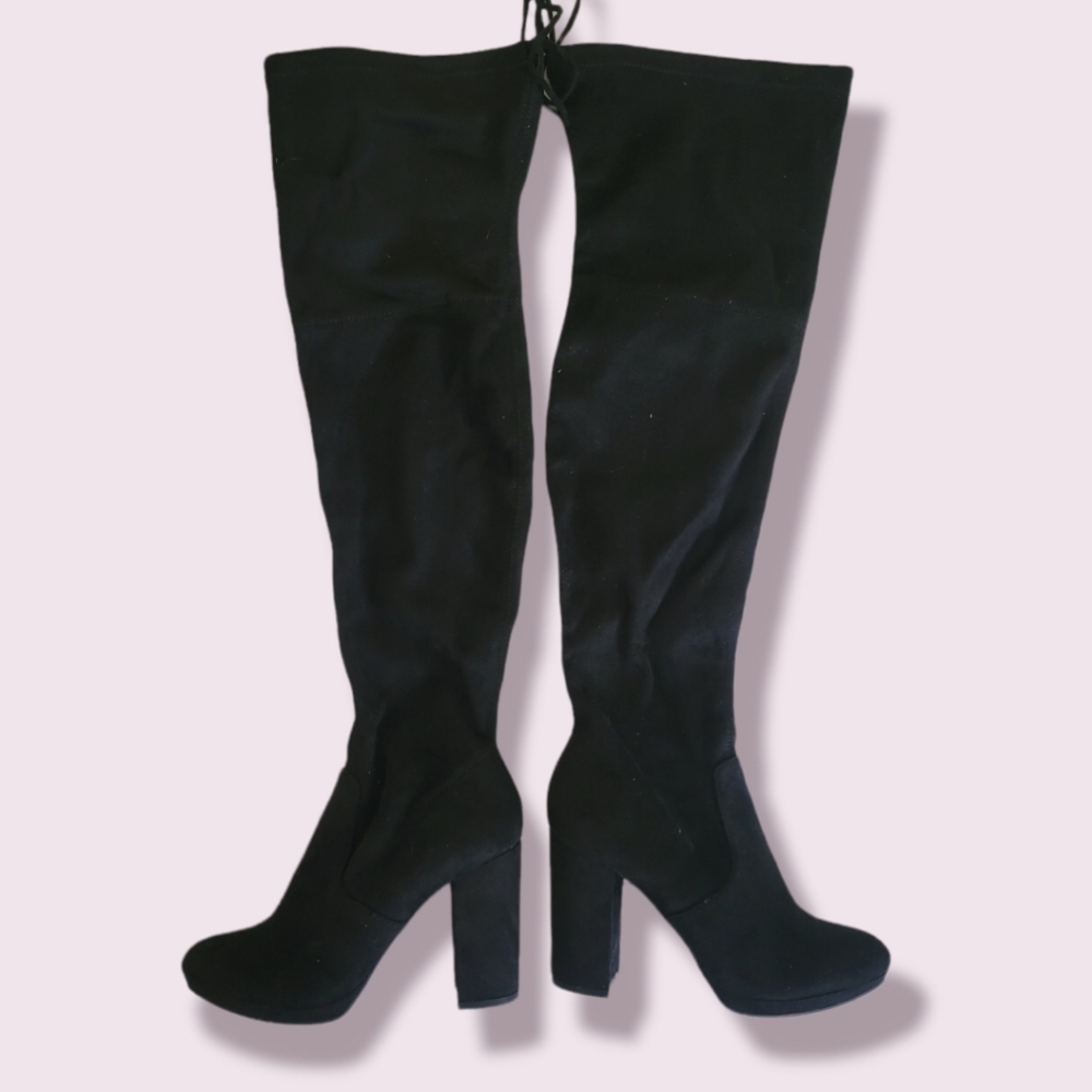 Faux Suede Thigh-High Block Heel Boots
